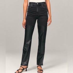 NWOT Abercrombie High Rise 90s Straight Mixed Fabric Leather Jeans - Size 27